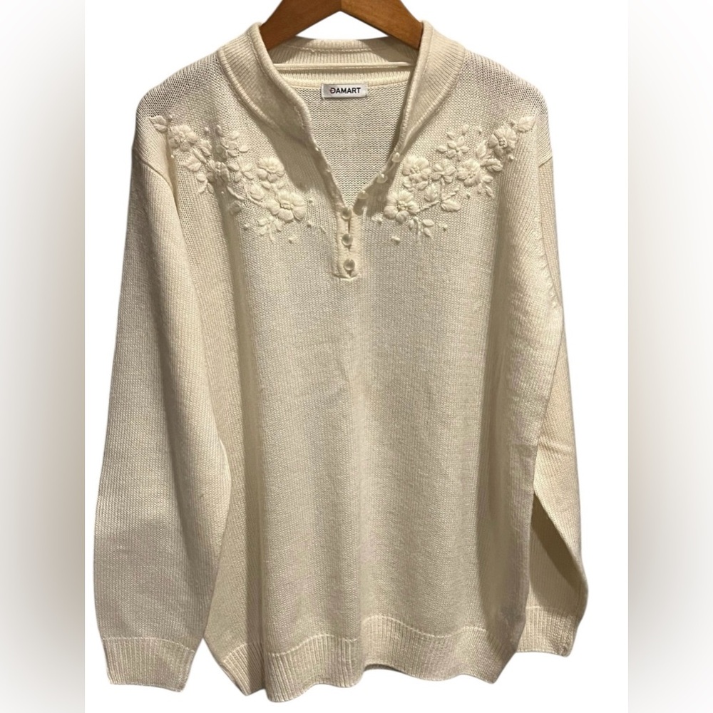 Women's Cream Sweater with Floral Embroidery